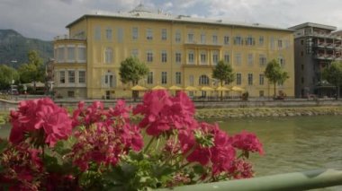 Bad Ischl Esplanade, Yukarı Avusturya 'daki Traun Nehri' nde geziniyor. Yüksek kalite 4k görüntü