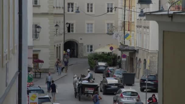 Salzburg Kaigasse Straatbeeld Met Paardenkoets Hoge Kwaliteit Beeldmateriaal — Stockvideo
