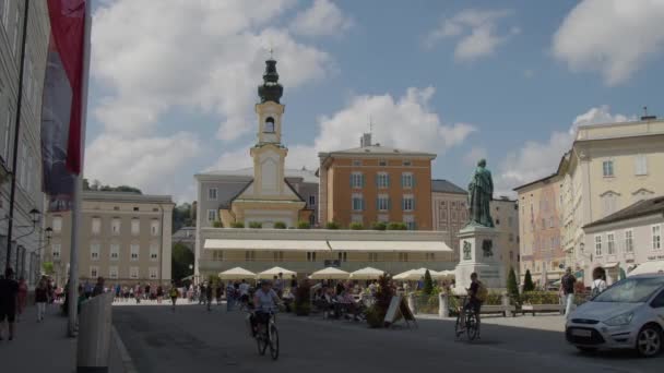 Statue Mozart Salzbourg Café Glockenspiel Images Haute Qualité — Video