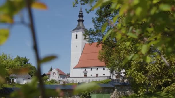 Seewalchen Templom Kerékpárosok Úton Kerékpározás Napján Kiváló Minőségű Felvételek — Stock videók