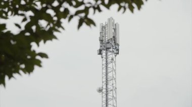 Telekomünikasyon kulesinin önünde ağaç dalları var. Yüksek kalite 4k görüntü