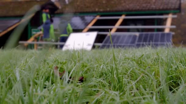 Trabajadores Instalando Paneles Fotovoltaicos Modernos Cabañas Jardín Imágenes Alta Calidad — Vídeo de stock
