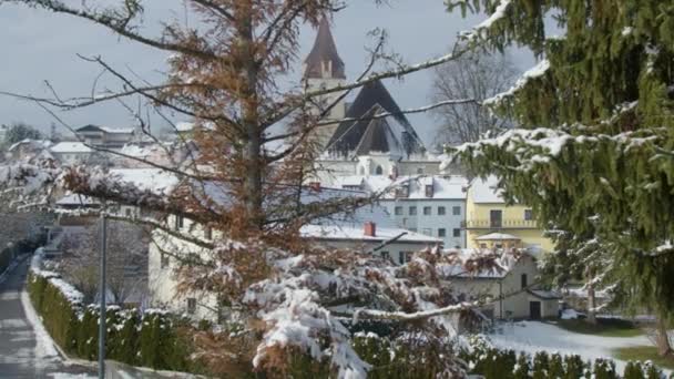 Horní Rakouské Venkovské Město Kostelem Zimě Vysoce Kvalitní Záběry — Stock video