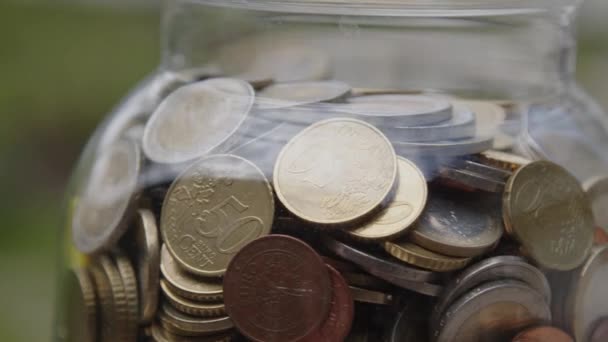 Monety Euro Słoiku Oszczędnościowym Zamknąć Wysokiej Jakości Materiał — Wideo stockowe