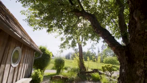 Prachtig Landschapspark Met Schuur Appelboom Hoge Kwaliteit Beeldmateriaal — Stockvideo