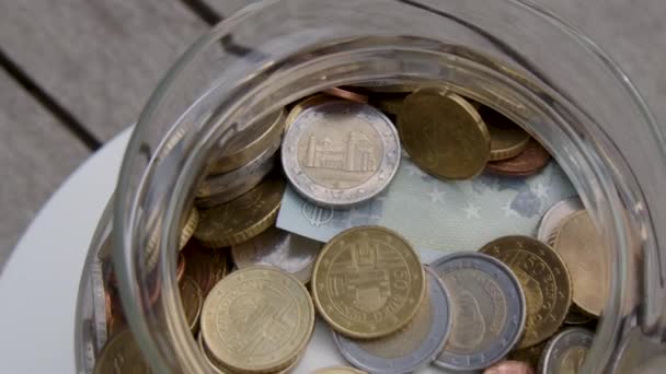 Monete Euro Barattolo Vetro Vicino Filmati Alta Qualità — Video Stock