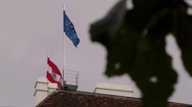 Avusturya ve Avrupa bayrakları Viyana Hofburg sarayının başkanlık konutunda dalgalanıyor. Yüksek kalite 4k görüntü