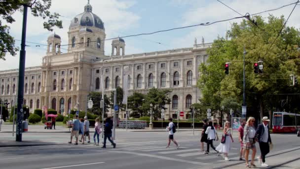 Mensen Oversteken Straat Wenen Ringstrasse Met Natuurhistorisch Museum Hoge Kwaliteit — Stockvideo