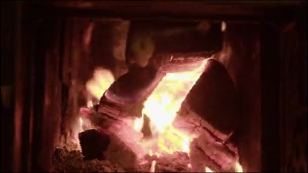 Brandhout Dat Afbrandt Een Tegelkachel Hoge Kwaliteit Beeldmateriaal — Stockvideo