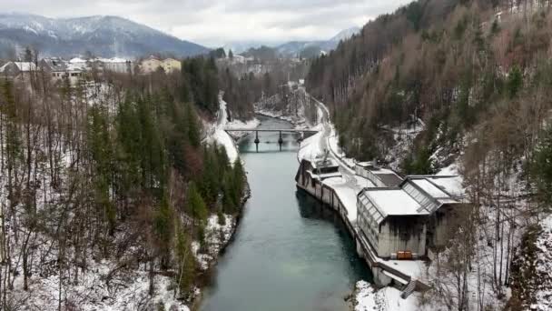 Shot Hydro Steyr River Hydro Power Reservoir Upper Austria Winter — Stock Video
