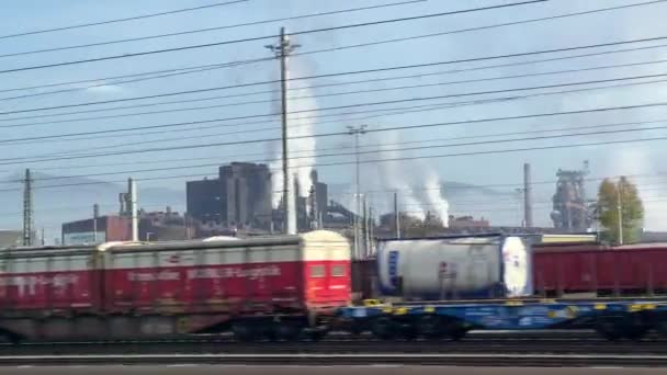 Steel Factory Freight Waggons Linz Viewed Driving Train High Quality — Stock Video
