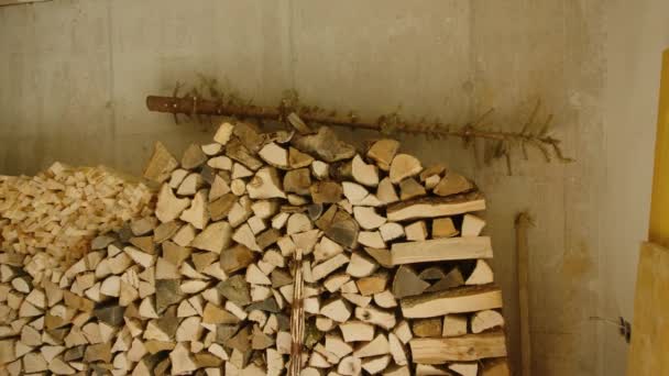 Prachtig Gestapeld Brandhout Kelder Hoge Kwaliteit Beeldmateriaal — Stockvideo