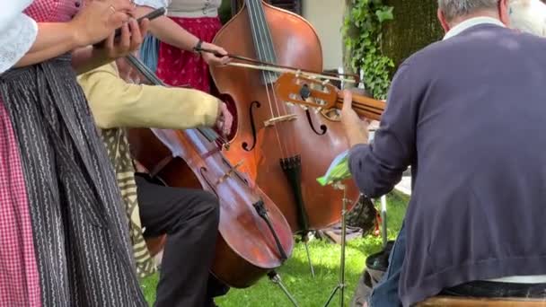 Traditionell Österrikisk Folkmusikensemble Som Spelar Utomhus Festivalen Högkvalitativ Film — Stockvideo