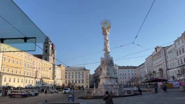 Plaza Principal Linz Hauptplatz Con Columna Peste Imágenes Alta Calidad — Vídeo de stock