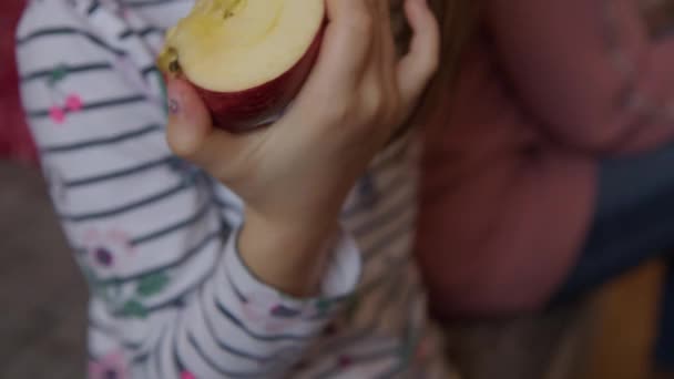 Chica Comiendo Sosteniendo Manzana Imágenes Alta Calidad — Vídeos de Stock