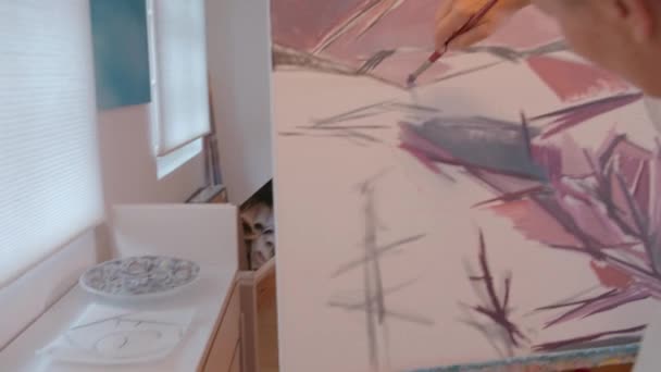 Pintora Feminina Belas Artes Trabalhar Seu Estúdio Imagens Alta Qualidade — Vídeo de Stock