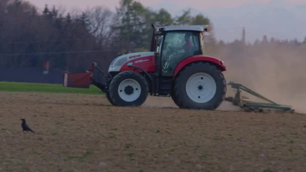 Tracteur Hersage Champ Agricole Sec Poussiéreux Printemps Images Haute Qualité — Video