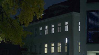 Linz geceleri Schlossmuseum 'dan izleniyor. Yüksek kalite 4k görüntü