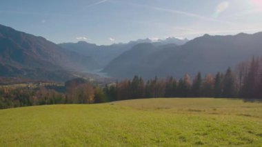Arka planda Dachstein buzulu olan Hallstatt Gölü manzarası. Yüksek kalite 4k görüntü