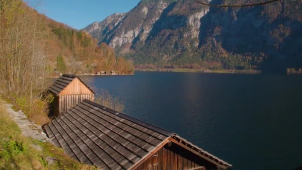 Hallstatt Jezioro Patelni Domkami Wysokiej Jakości Materiał — Wideo stockowe