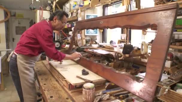 Furniture Restorer Helper Working Workshop High Quality Fullhd Footage — Stock Video
