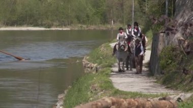 Traun Nehri 'nde geleneksel marangoz gösterisi. Yüksek kaliteli FullHD görüntüler