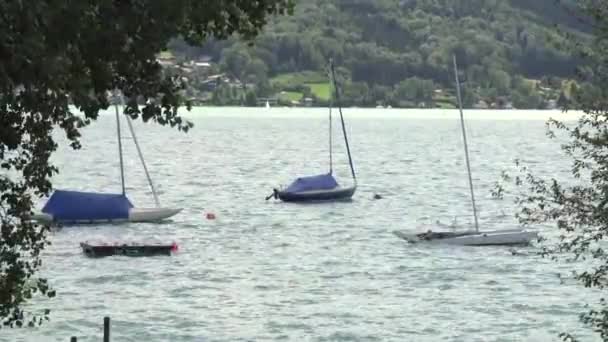 Lago Attersee Con Barche Vela Pontile Filmati Fullhd Alta Qualità — Video Stock
