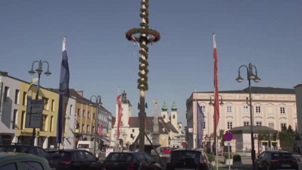 Praça Cidade Com Maypole Lambach Alta Áustria Imagens Fullhd Alta — Vídeo de Stock