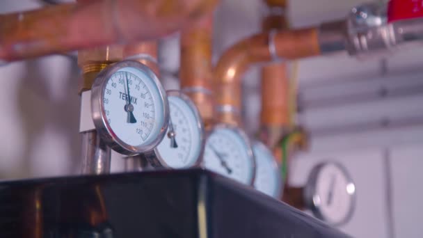 Temperature Meters Copper Pipes Boiler Room High Quality Footage — Stock Video