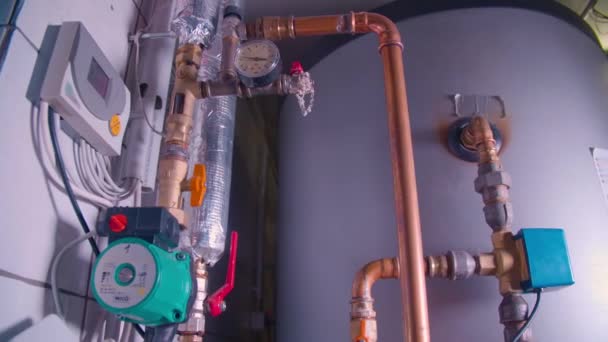 Boiler Room Pipes Copper Pipes Circulation Pump Temperature Meters High — Stock Video