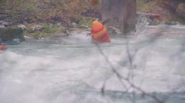 Kano grubu Hinterstoder yakınlarındaki Steyr nehrinde kürek çekiyor. Yüksek kalite 4k görüntü