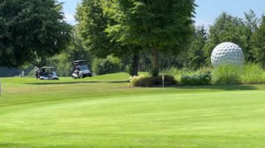 Golf sahası, dev golf topu ve at arabasındaki oyuncular. Yüksek kalite 4k görüntü