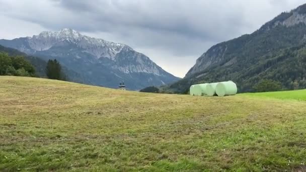 Balle Fieno Prato Falciato Nel Paesaggio Alpino Filmati Alta Qualità — Video Stock