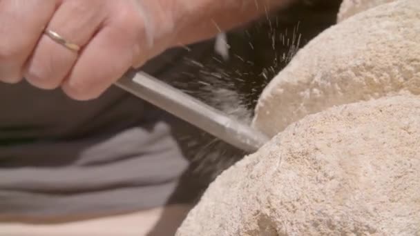 Stone Sculptor Chiseling Stone Slow Motion High Quality Footage — Stock Video