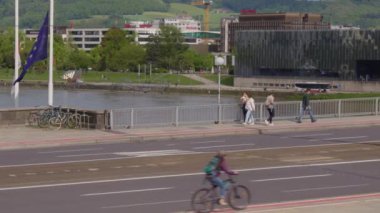 Linz Nibelungen Köprüsü, Tuna Nehri ve Urfahr. Yüksek kalite 4k görüntü