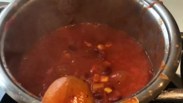 用平底锅煮辣椒酱 高质量的4K镜头 — 图库视频影像