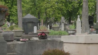 Paris, Fransa 'daki ünlü Pere Lachaise mezarlığında mezarlar. Yüksek kalite 4k görüntü