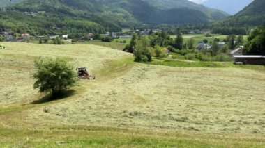 Avusturya Alplerinde saman makinesiyle çalışan traktör. Yüksek kalite 4k görüntü