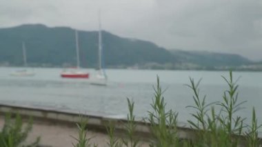 Yağmurlu bir günde deniz kenarında teknelerle gezinti yapmak. Yüksek kalite 4k görüntü