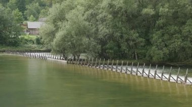Salzkammergut 'taki Hallstatt gölünden akan tren nehri. Yüksek kalite 4k görüntü