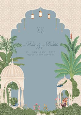 Mughal Wedding Card Design. Invitation card for printing vector illustration. clipart