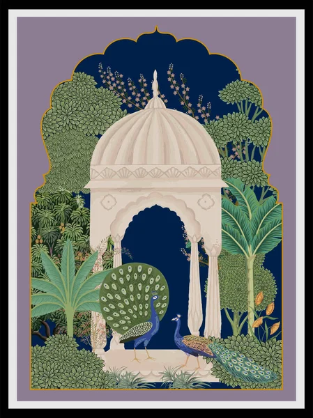 전통적 모티프 공작새 Mughal Wall Art Printable Decor Vector Illustration — 스톡 벡터