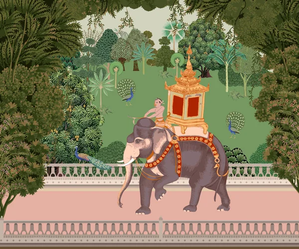 Традиционный Могольский Сад Лес Катание Слонах Махаут Таиланде Векторная Иллюстрация — стоковый вектор