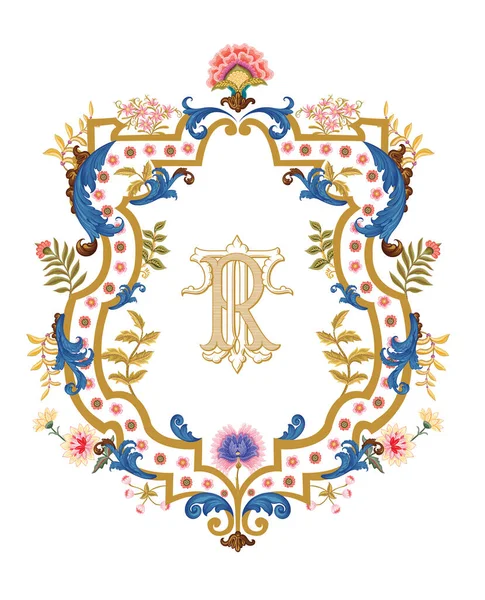 Vintage Wedding Crest Monogram Initial Wedding Crest Decorative Floral Border — Archivo Imágenes Vectoriales
