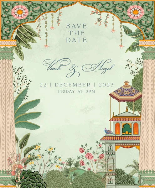 Traditional Mughal Wedding Invitation Card Invitation Card Printing Vector Illustration — Stock Vector