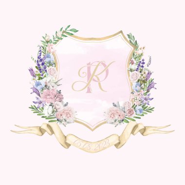 Boyanmış düğün başlığı PK ilk suluboya çiçek arması. Suluboya açık pembe karanfil, lavanta çiçeği çerçeve illüstrasyon şablonu.