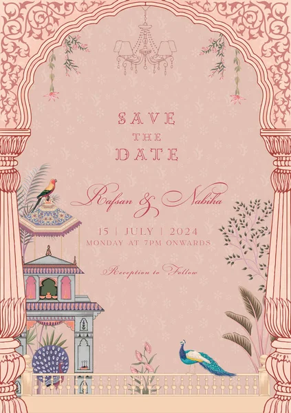 Traditional Indian Style Mughal Wedding Invitation Card Design Date Invitation — Stock Vector