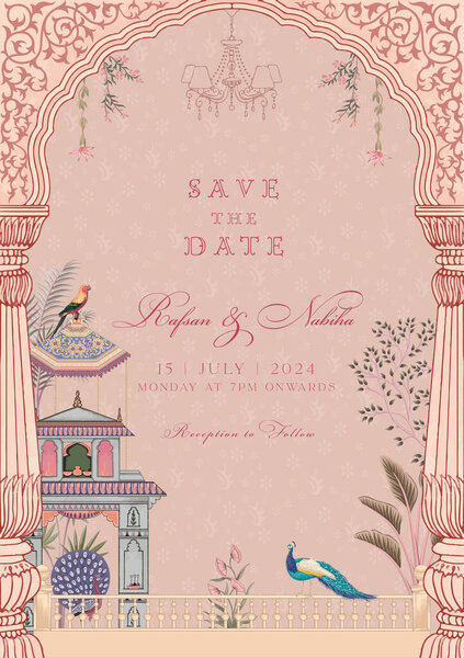 Traditional indian style Mughal wedding invitation card design. Save the date invitation card with decorative elements for printing vector illustration.