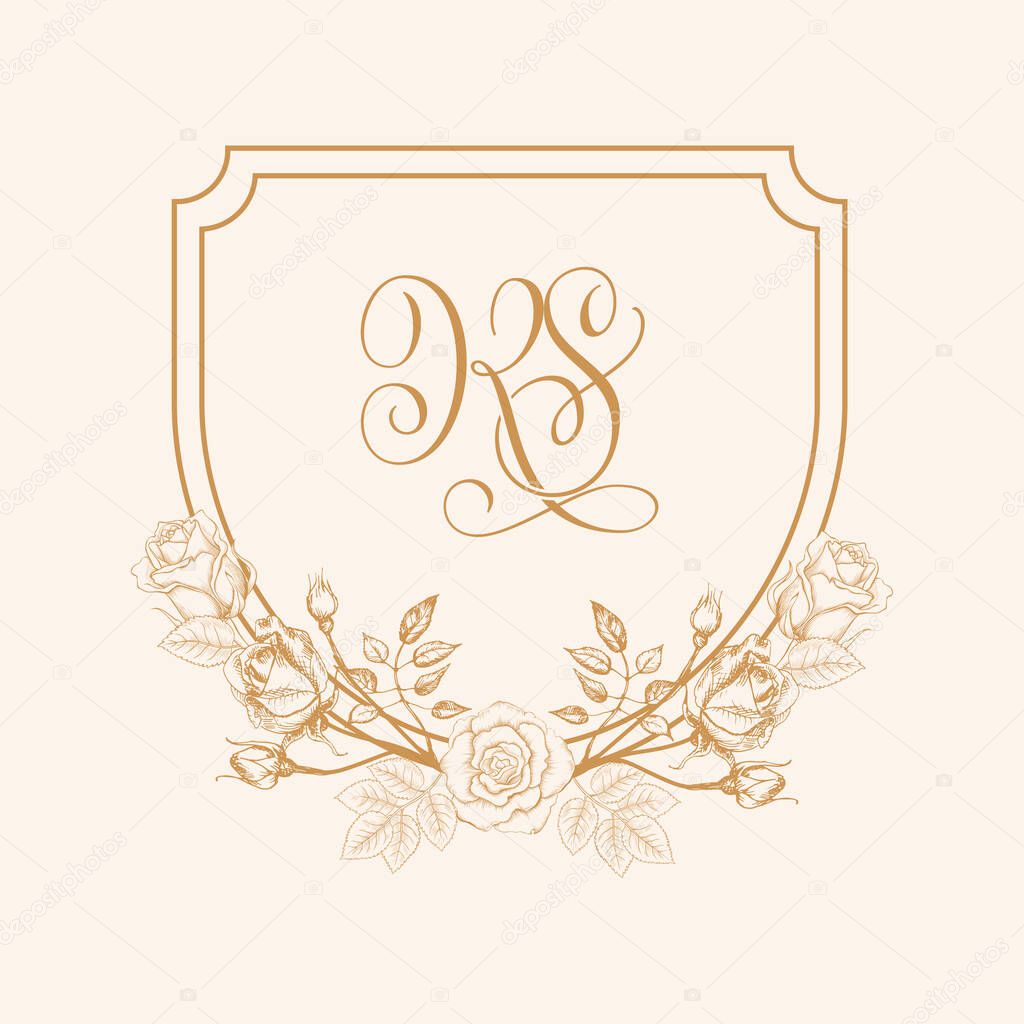 KS Initial Wedding Crest Logo Monogram. Wedding Logo Design with Rose Flower Bottom, Floral Wedding Crest Design.