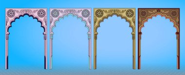 Geleneksel Hint Babür mimari unsurları. Düğün kartlarında, selamlarda ve davetiyelerde kullanılabilir. Vektör illüstrasyonu